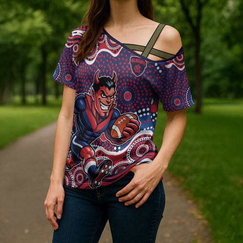 Melbourne Demons Cross Shoulder Shirt Aboriginal Dot Pattern - Football Mascot Heritage Pride