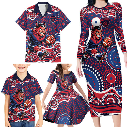Melbourne Demons Family Matching Long Sleeve Bodycon Dress and Hawaiian Shirt Aboriginal Dot Pattern - Football Mascot Heritage Pride
