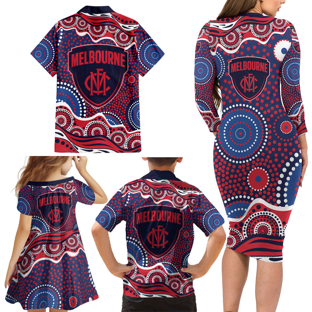 Melbourne Demons Family Matching Long Sleeve Bodycon Dress and Hawaiian Shirt Aboriginal Dot Pattern - Football Mascot Heritage Pride
