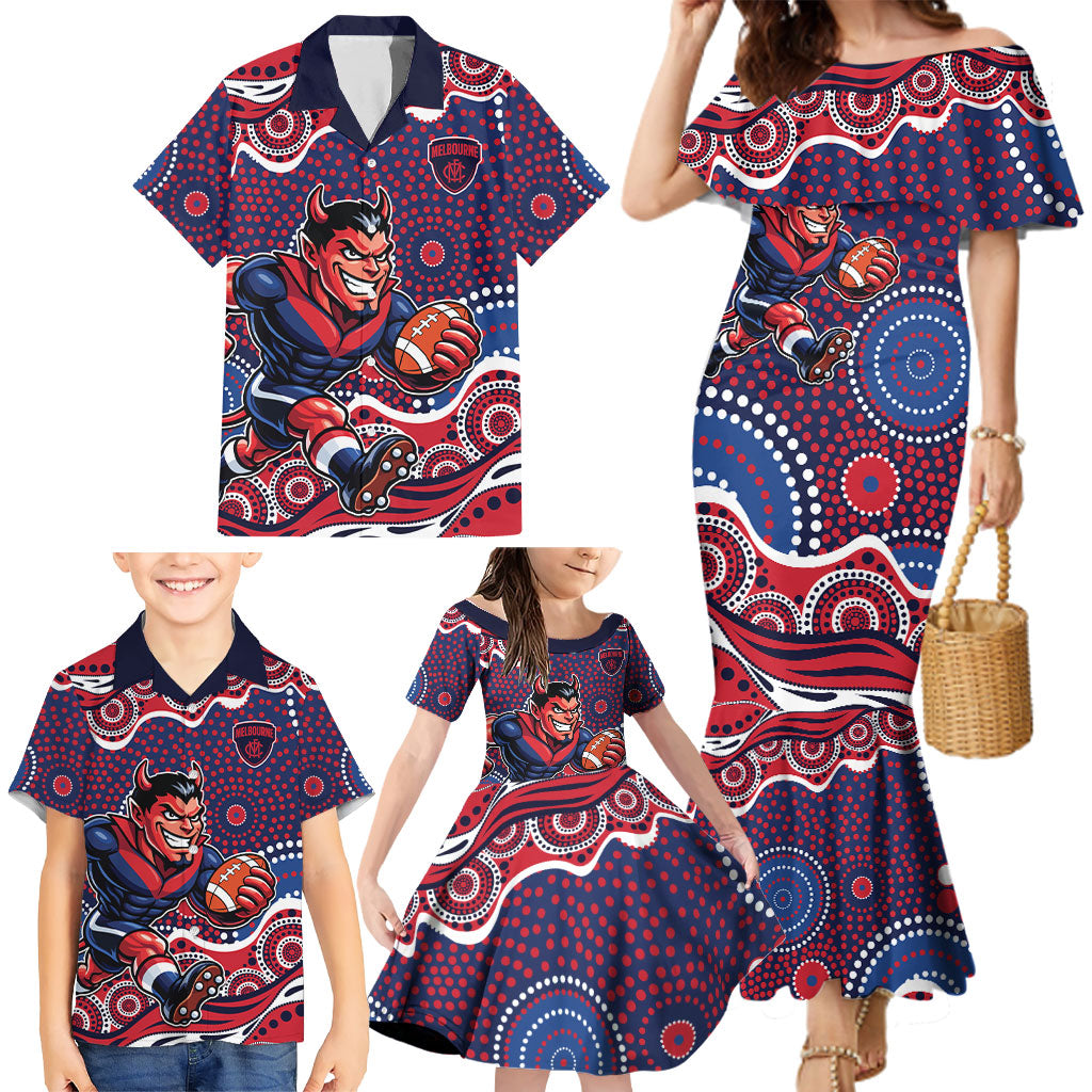Melbourne Demons Family Matching Mermaid Dress and Hawaiian Shirt Aboriginal Dot Pattern - Football Mascot Heritage Pride