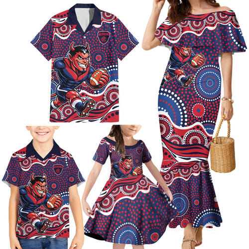 Melbourne Demons Family Matching Mermaid Dress and Hawaiian Shirt Aboriginal Dot Pattern - Football Mascot Heritage Pride