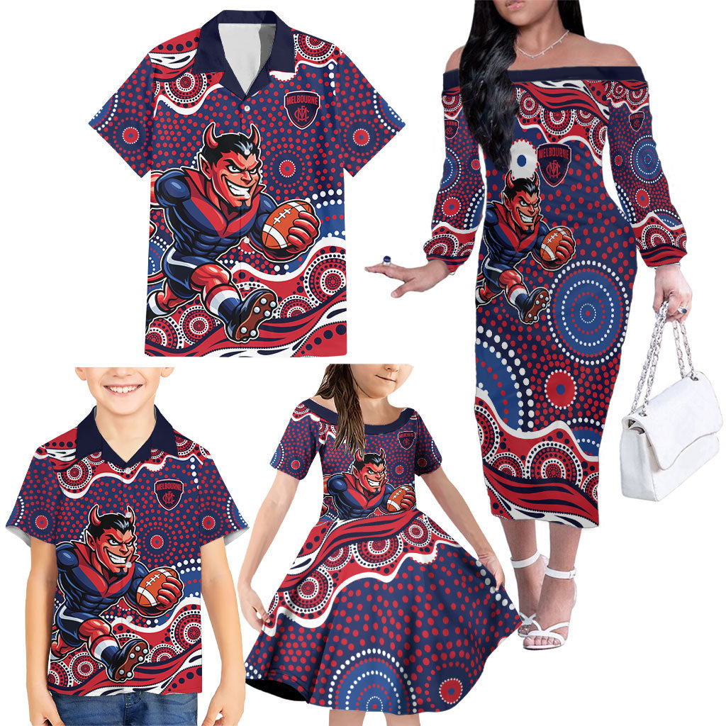 Melbourne Demons Family Matching Off The Shoulder Long Sleeve Dress and Hawaiian Shirt Aboriginal Dot Pattern - Football Mascot Heritage Pride