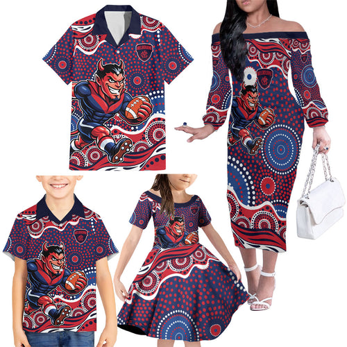 Melbourne Demons Family Matching Off The Shoulder Long Sleeve Dress and Hawaiian Shirt Aboriginal Dot Pattern - Football Mascot Heritage Pride