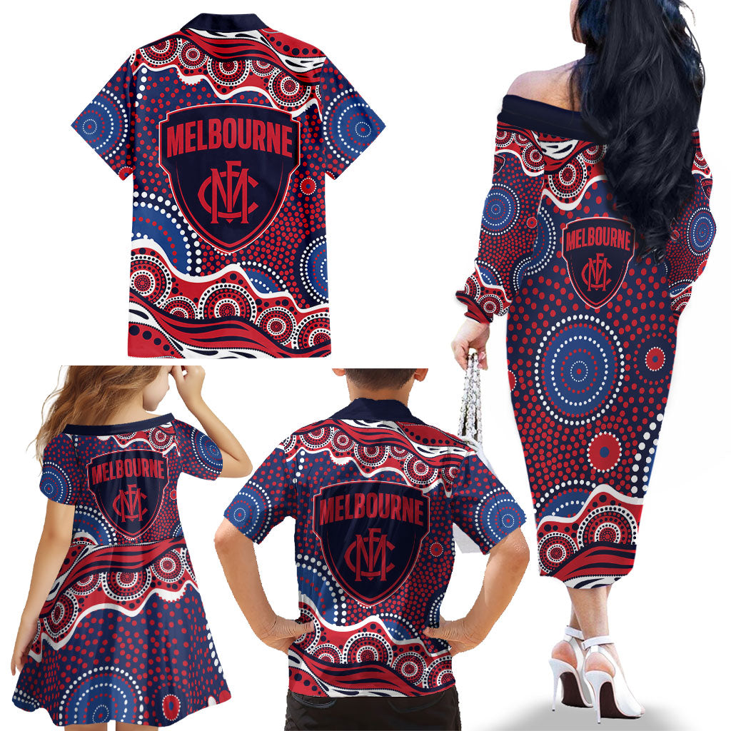 Melbourne Demons Family Matching Off The Shoulder Long Sleeve Dress and Hawaiian Shirt Aboriginal Dot Pattern - Football Mascot Heritage Pride