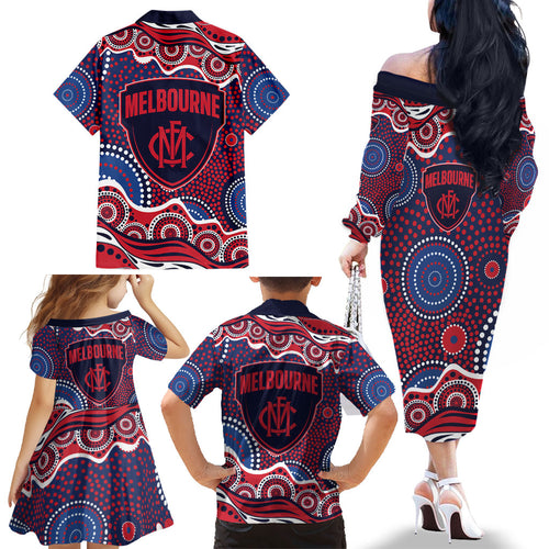 Melbourne Demons Family Matching Off The Shoulder Long Sleeve Dress and Hawaiian Shirt Aboriginal Dot Pattern - Football Mascot Heritage Pride