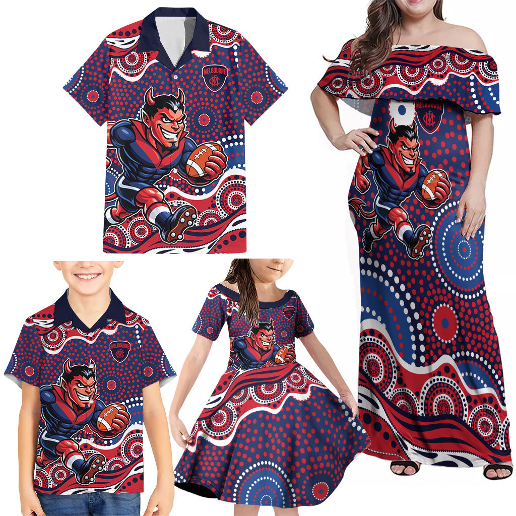 Melbourne Demons Family Matching Off Shoulder Maxi Dress and Hawaiian Shirt Aboriginal Dot Pattern - Football Mascot Heritage Pride