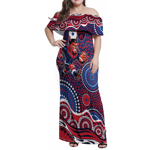 Melbourne Demons Family Matching Off Shoulder Maxi Dress and Hawaiian Shirt Aboriginal Dot Pattern - Football Mascot Heritage Pride