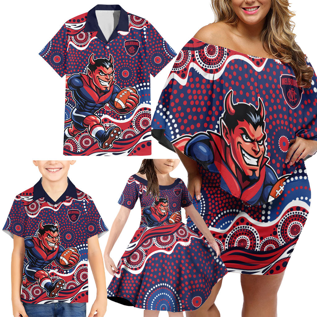 Melbourne Demons Family Matching Off Shoulder Short Dress and Hawaiian Shirt Aboriginal Dot Pattern - Football Mascot Heritage Pride