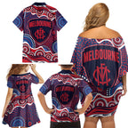 Melbourne Demons Family Matching Off Shoulder Short Dress and Hawaiian Shirt Aboriginal Dot Pattern - Football Mascot Heritage Pride