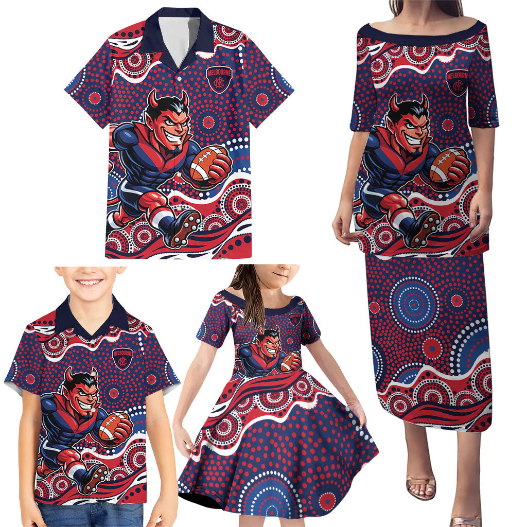 Melbourne Demons Family Matching Puletasi and Hawaiian Shirt Aboriginal Dot Pattern - Football Mascot Heritage Pride