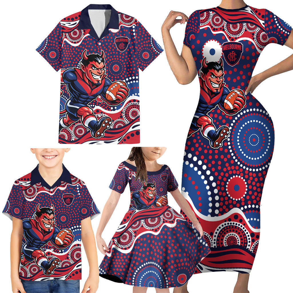 Melbourne Demons Family Matching Short Sleeve Bodycon Dress and Hawaiian Shirt Aboriginal Dot Pattern - Football Mascot Heritage Pride