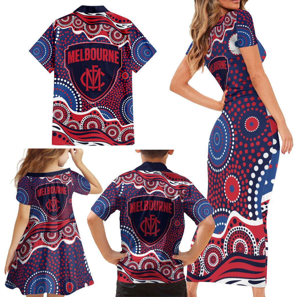 Melbourne Demons Family Matching Short Sleeve Bodycon Dress and Hawaiian Shirt Aboriginal Dot Pattern - Football Mascot Heritage Pride