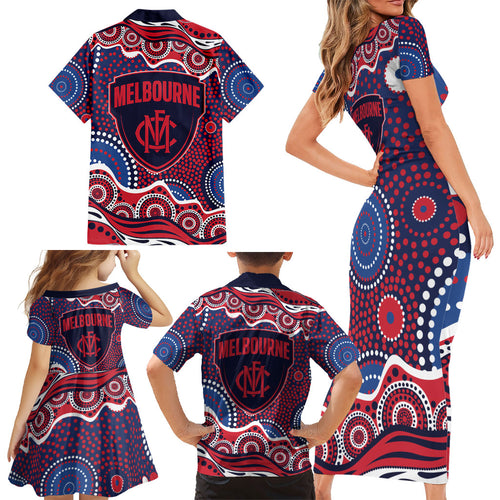 Melbourne Demons Family Matching Short Sleeve Bodycon Dress and Hawaiian Shirt Aboriginal Dot Pattern - Football Mascot Heritage Pride