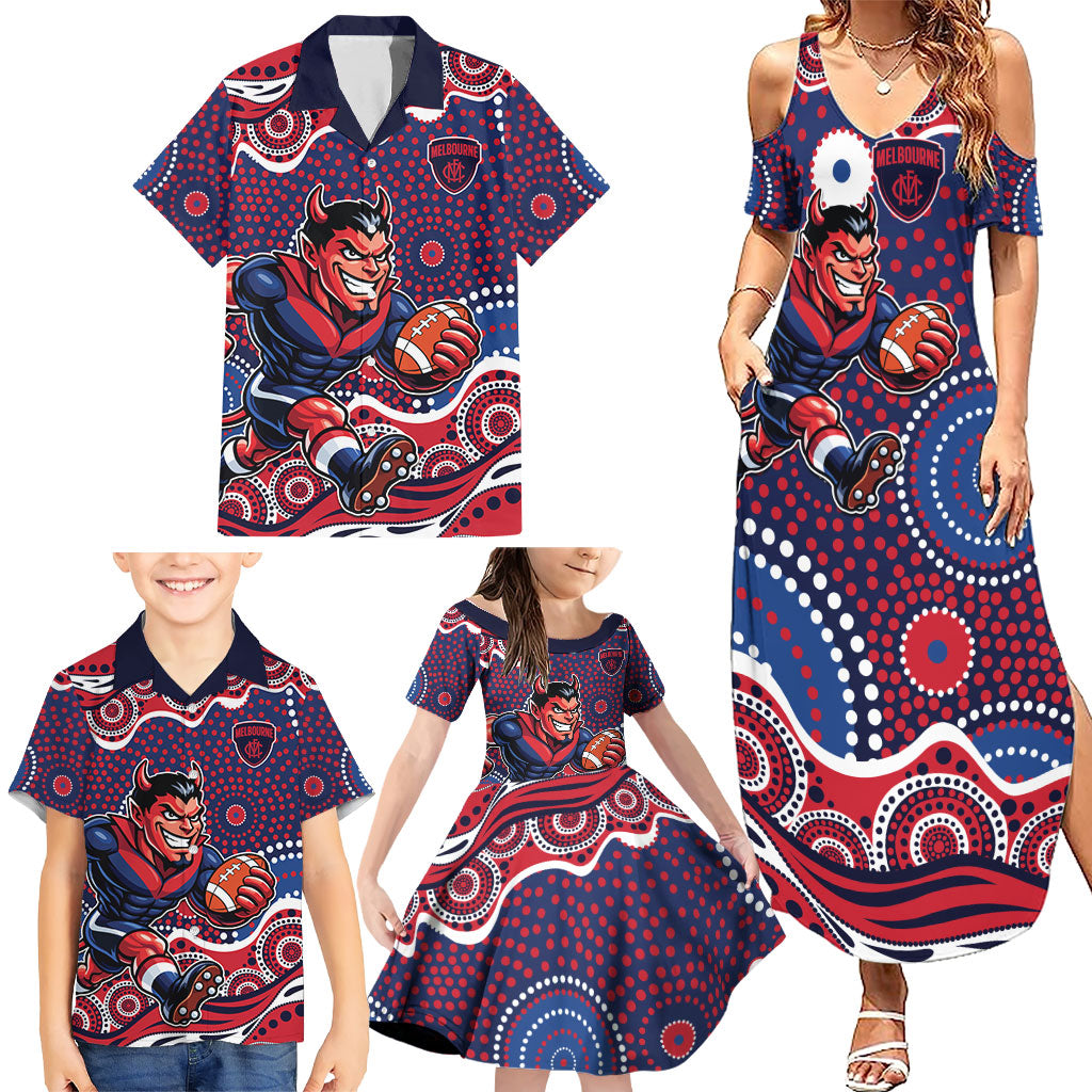 Melbourne Demons Family Matching Summer Maxi Dress and Hawaiian Shirt Aboriginal Dot Pattern - Football Mascot Heritage Pride