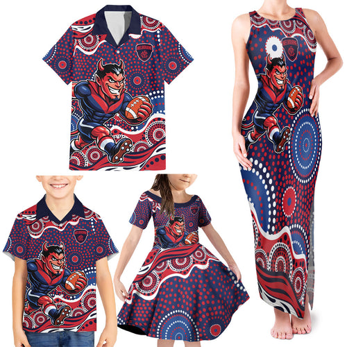 Melbourne Demons Family Matching Tank Maxi Dress and Hawaiian Shirt Aboriginal Dot Pattern - Football Mascot Heritage Pride