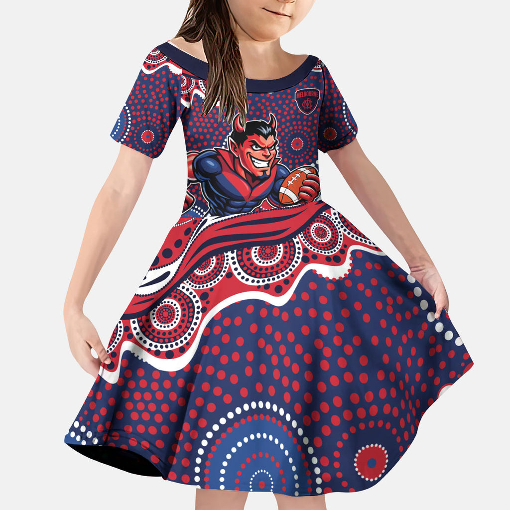 Melbourne Demons Kid Short Sleeve Dress Aboriginal Dot Pattern - Football Mascot Heritage Pride