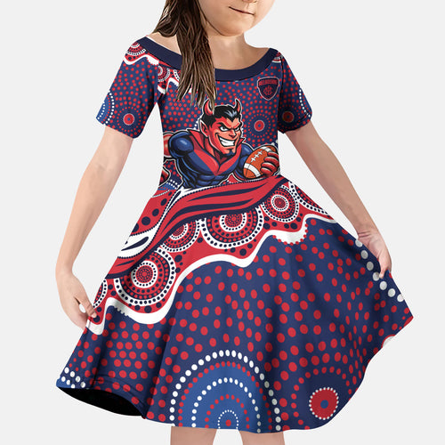 Melbourne Demons Kid Short Sleeve Dress Aboriginal Dot Pattern - Football Mascot Heritage Pride