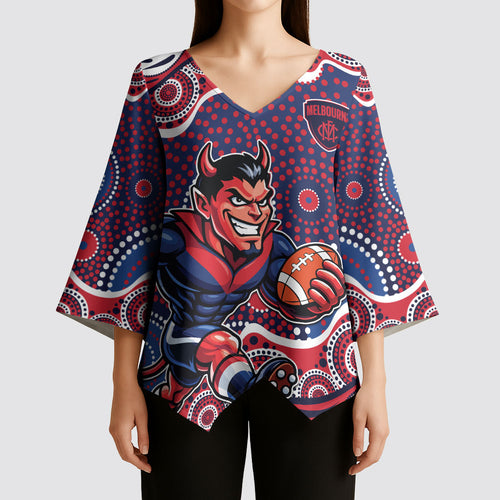 Melbourne Demons Kimono Sleeve Blouse Aboriginal Dot Pattern - Football Mascot Heritage Pride