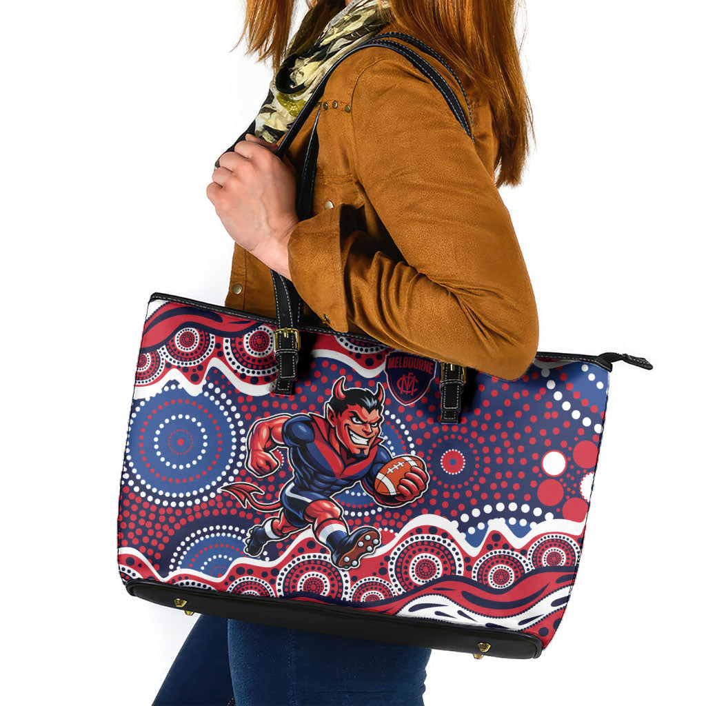 Melbourne Demons Leather Tote Bag Aboriginal Dot Pattern - Football Mascot Heritage Pride