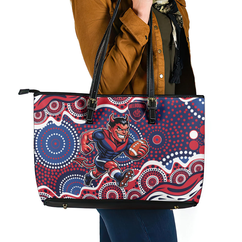 Melbourne Demons Leather Tote Bag Aboriginal Dot Pattern - Football Mascot Heritage Pride