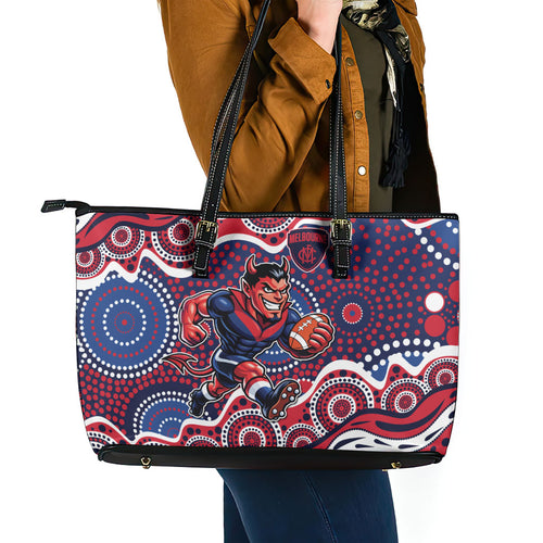 Melbourne Demons Leather Tote Bag Aboriginal Dot Pattern - Football Mascot Heritage Pride