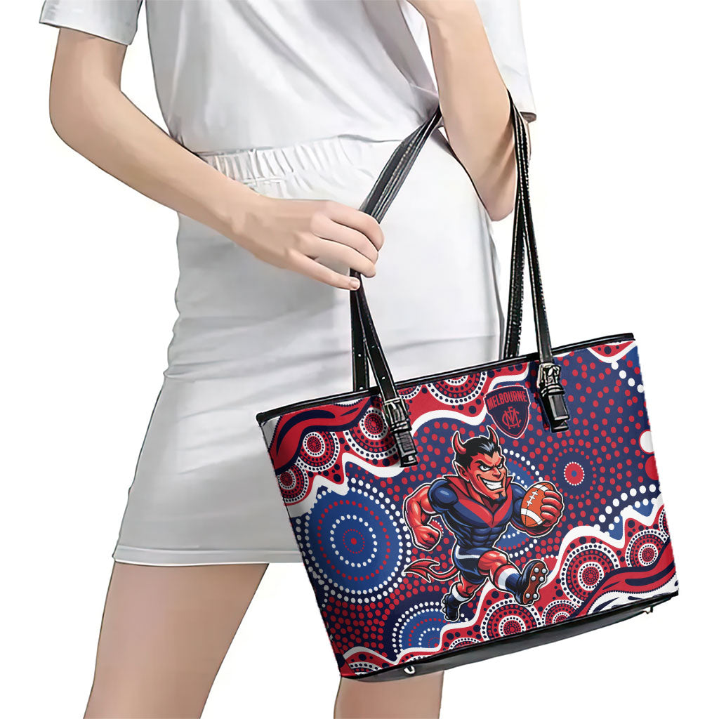 Melbourne Demons Leather Tote Bag Aboriginal Dot Pattern - Football Mascot Heritage Pride