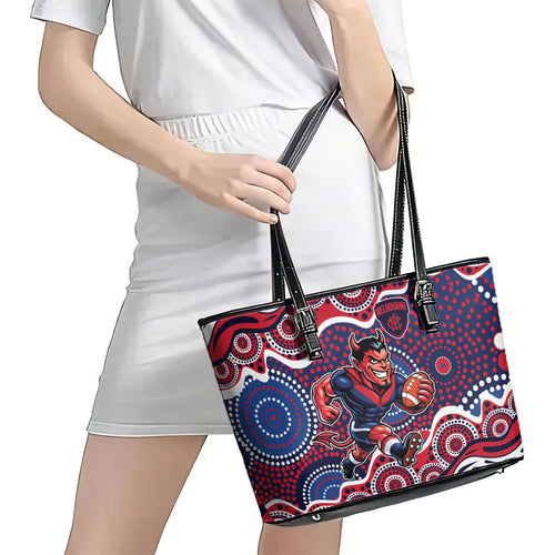 Melbourne Demons Leather Tote Bag Aboriginal Dot Pattern - Football Mascot Heritage Pride