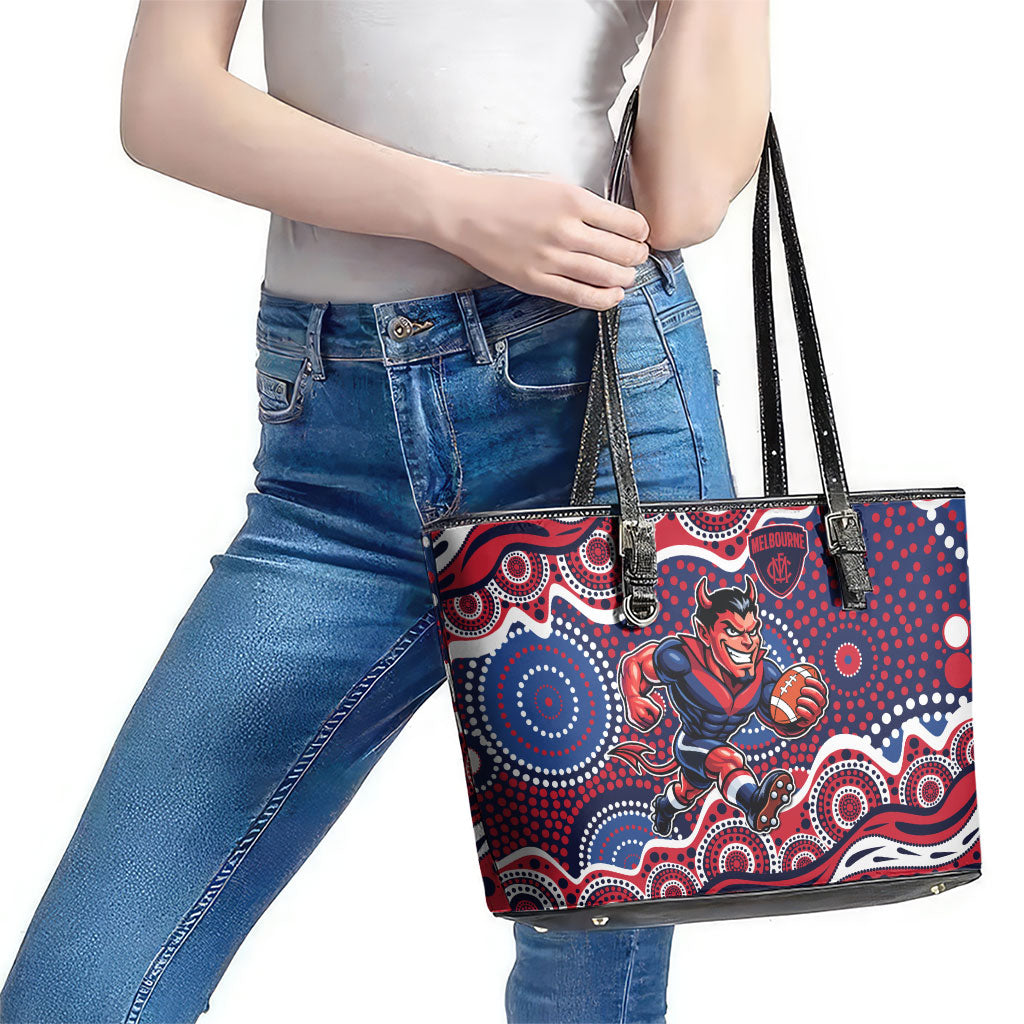 Melbourne Demons Leather Tote Bag Aboriginal Dot Pattern - Football Mascot Heritage Pride