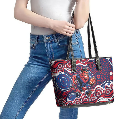Melbourne Demons Leather Tote Bag Aboriginal Dot Pattern - Football Mascot Heritage Pride