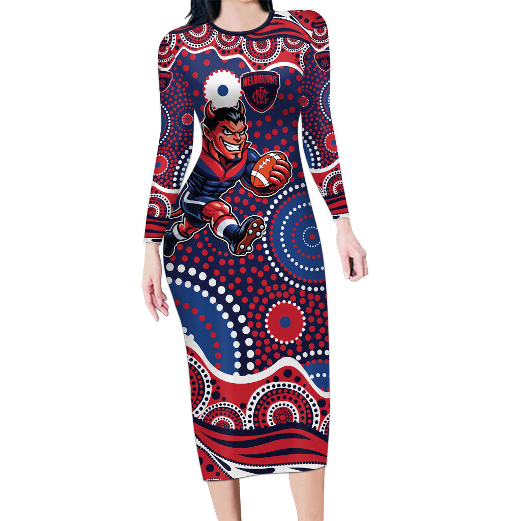 Melbourne Demons Long Sleeve Bodycon Dress Aboriginal Dot Pattern - Football Mascot Heritage Pride