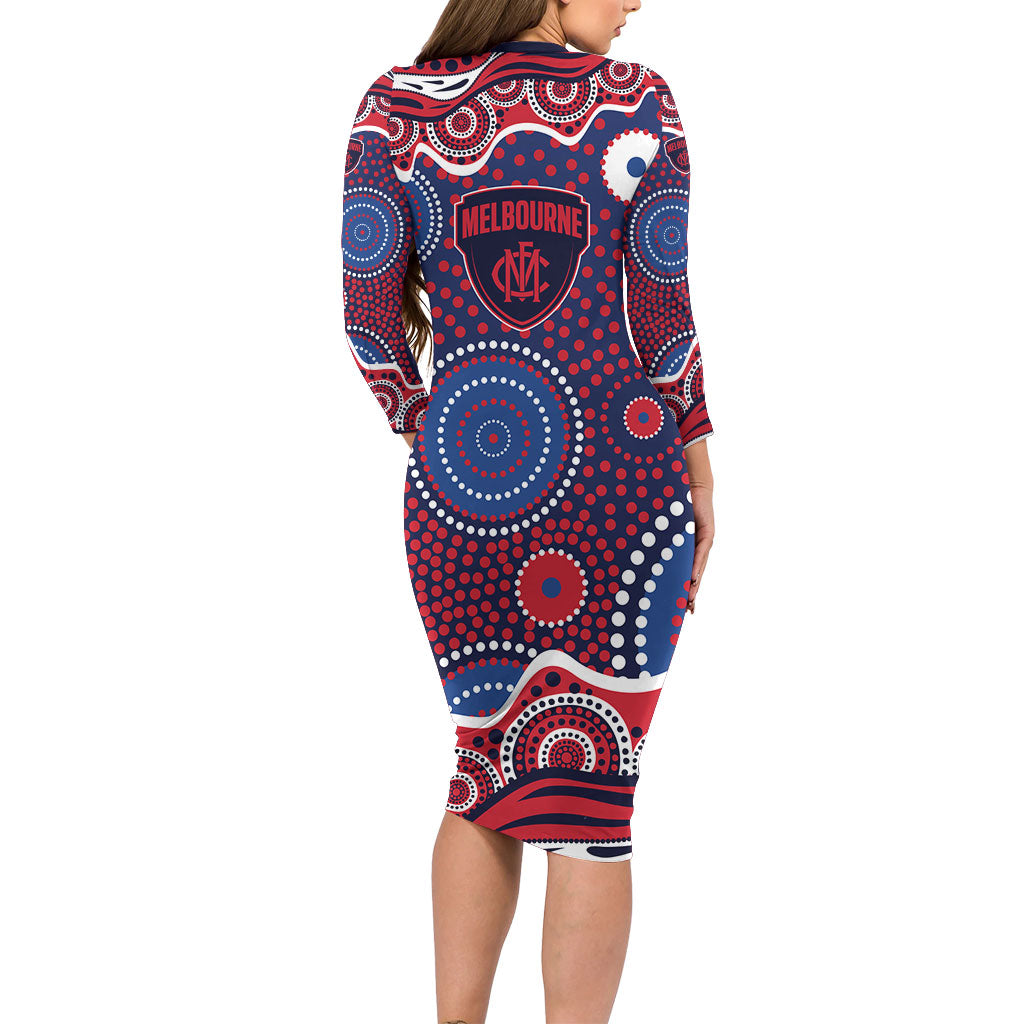 Melbourne Demons Long Sleeve Bodycon Dress Aboriginal Dot Pattern - Football Mascot Heritage Pride