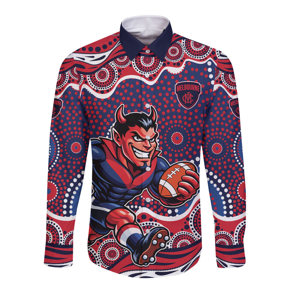Melbourne Demons Long Sleeve Button Shirt Aboriginal Dot Pattern - Football Mascot Heritage Pride