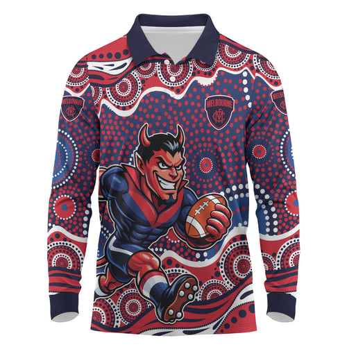 Melbourne Demons Long Sleeve Polo Shirt Aboriginal Dot Pattern - Football Mascot Heritage Pride