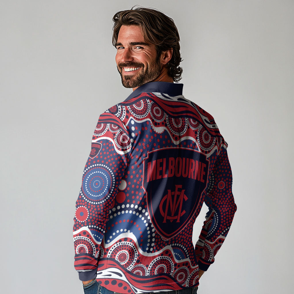 Melbourne Demons Long Sleeve Polo Shirt Aboriginal Dot Pattern - Football Mascot Heritage Pride