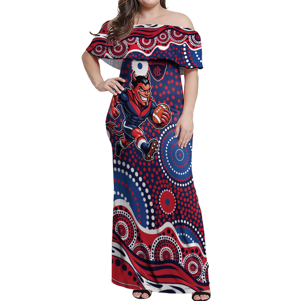 Melbourne Demons Off Shoulder Maxi Dress Aboriginal Dot Pattern - Football Mascot Heritage Pride