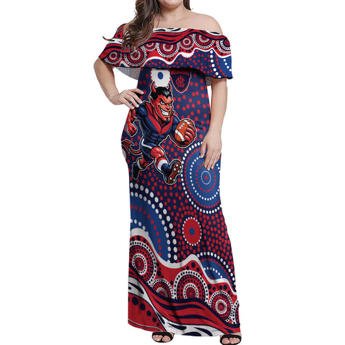 Melbourne Demons Off Shoulder Maxi Dress Aboriginal Dot Pattern - Football Mascot Heritage Pride