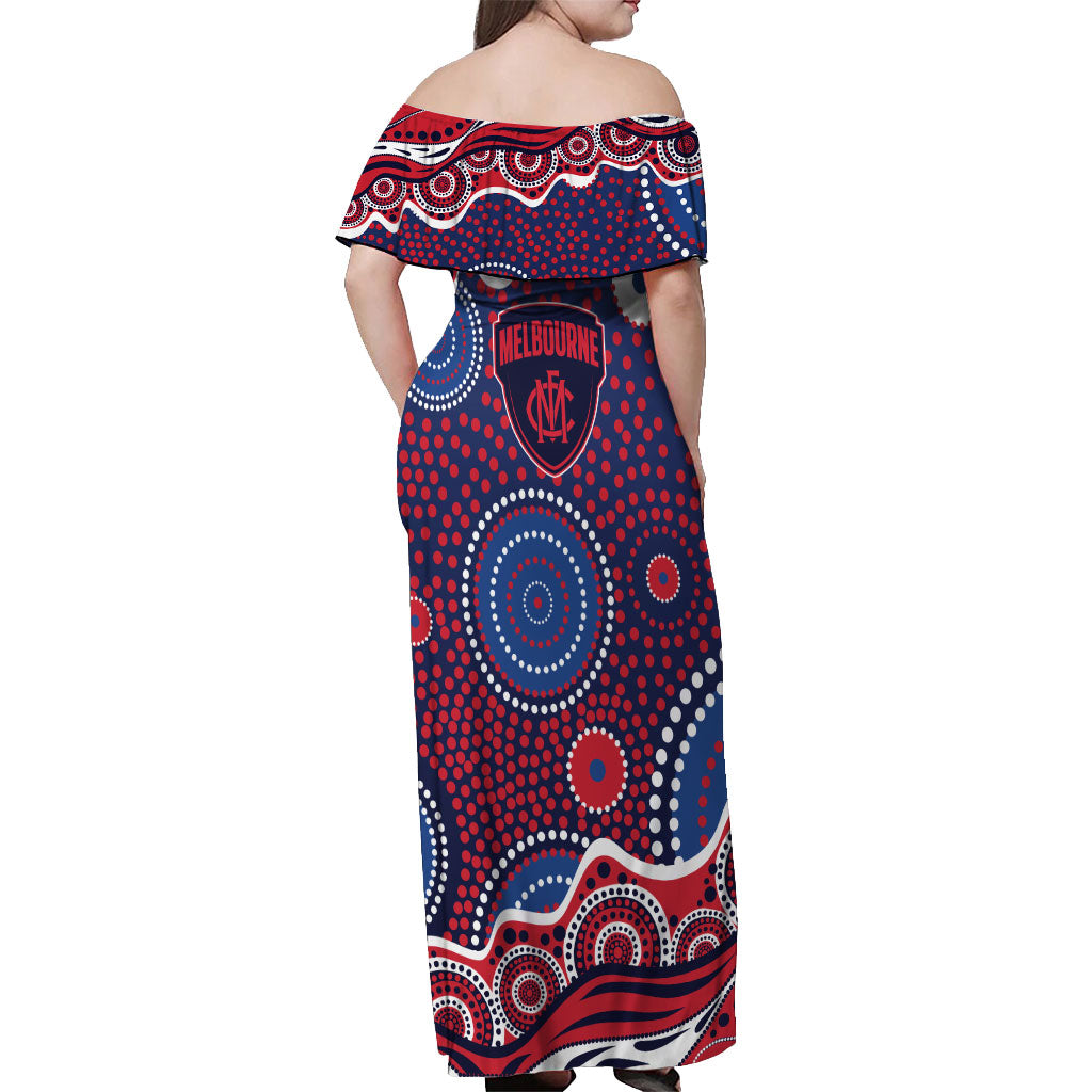 Melbourne Demons Off Shoulder Maxi Dress Aboriginal Dot Pattern - Football Mascot Heritage Pride