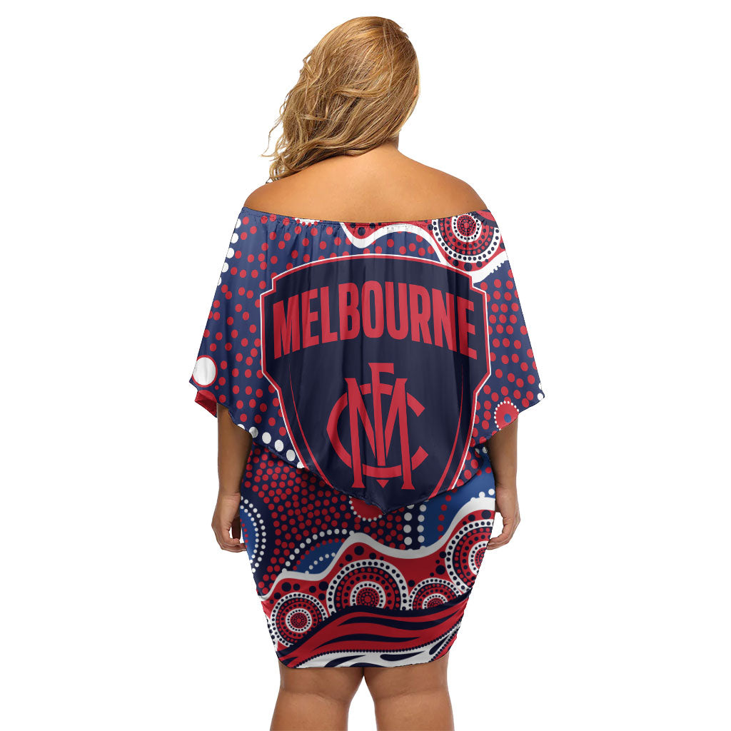 Melbourne Demons Off Shoulder Short Dress Aboriginal Dot Pattern - Football Mascot Heritage Pride