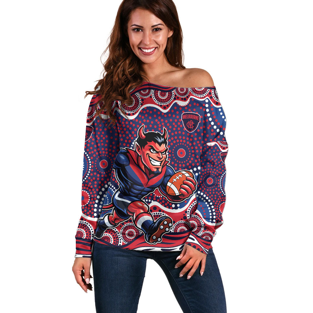 Melbourne Demons Off Shoulder Sweater Aboriginal Dot Pattern - Football Mascot Heritage Pride