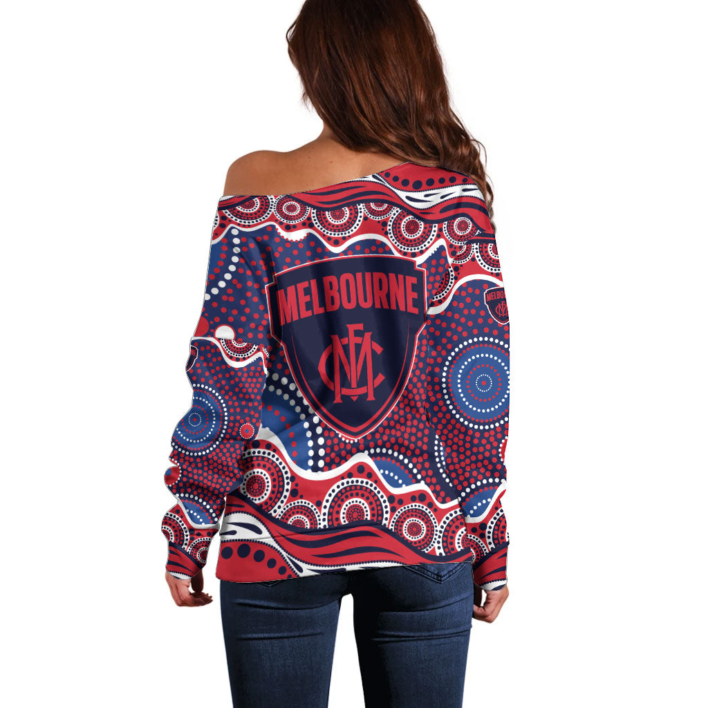 Melbourne Demons Off Shoulder Sweater Aboriginal Dot Pattern - Football Mascot Heritage Pride
