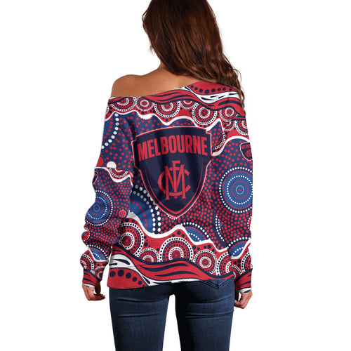 Melbourne Demons Off Shoulder Sweater Aboriginal Dot Pattern - Football Mascot Heritage Pride