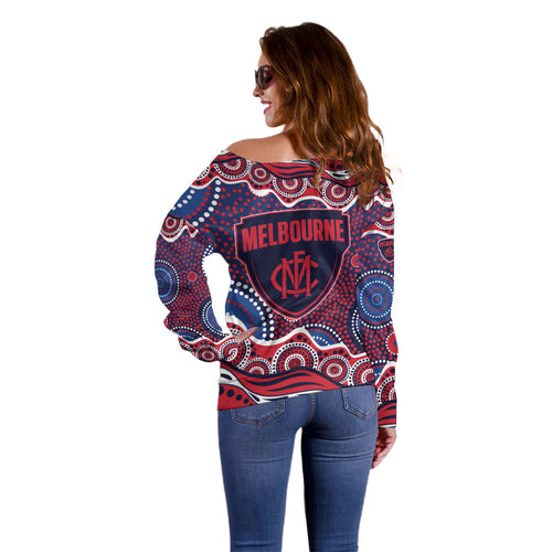 Melbourne Demons Off Shoulder Sweater Aboriginal Dot Pattern - Football Mascot Heritage Pride