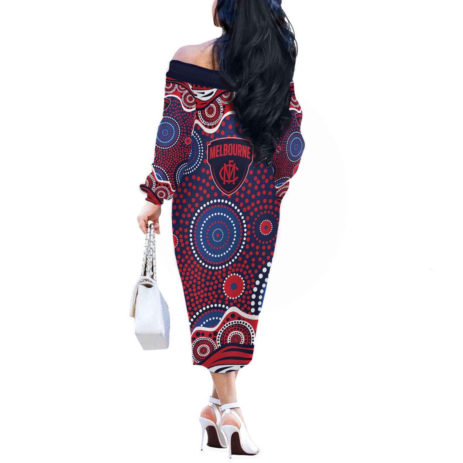 Melbourne Demons Off The Shoulder Long Sleeve Dress Aboriginal Dot Pattern - Football Mascot Heritage Pride