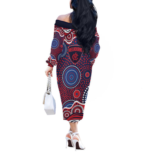 Melbourne Demons Off The Shoulder Long Sleeve Dress Aboriginal Dot Pattern - Football Mascot Heritage Pride