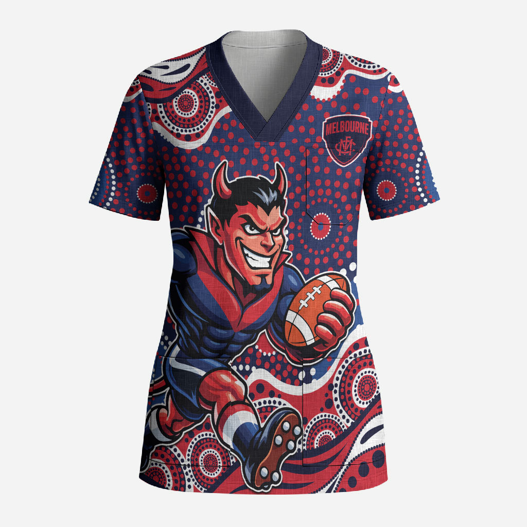 Melbourne Demons Scrub Top Aboriginal Dot Pattern - Football Mascot Heritage Pride