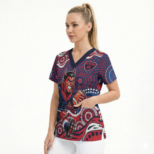 Melbourne Demons Scrub Top Aboriginal Dot Pattern - Football Mascot Heritage Pride