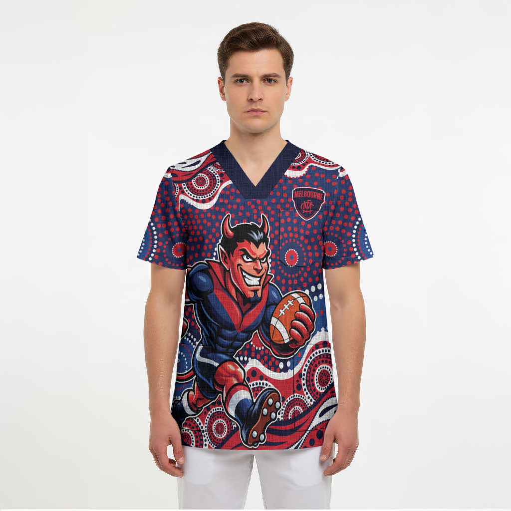 Melbourne Demons Scrub Top Aboriginal Dot Pattern - Football Mascot Heritage Pride