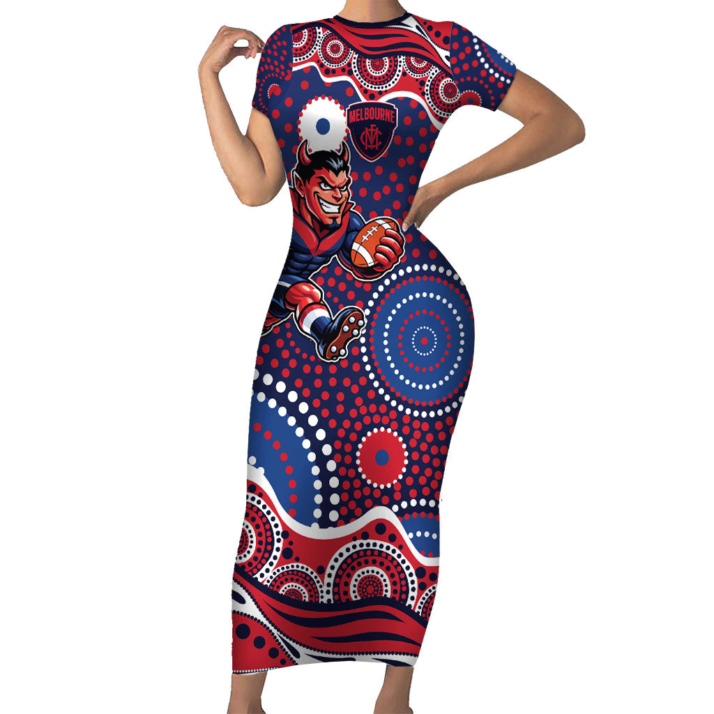 Melbourne Demons Short Sleeve Bodycon Dress Aboriginal Dot Pattern - Football Mascot Heritage Pride