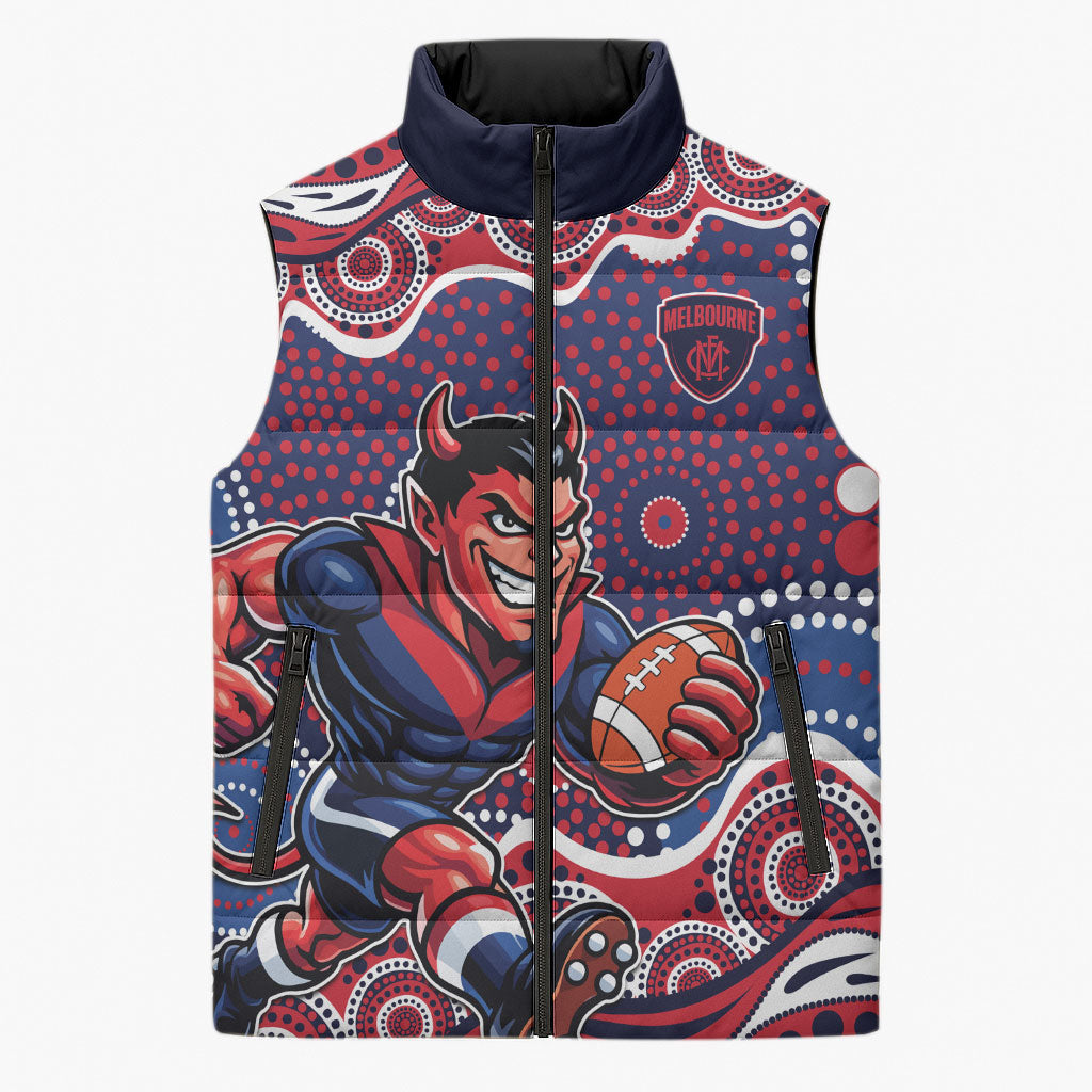 Melbourne Demons Sleeveless Puffer Jacket Aboriginal Dot Pattern - Football Mascot Heritage Pride