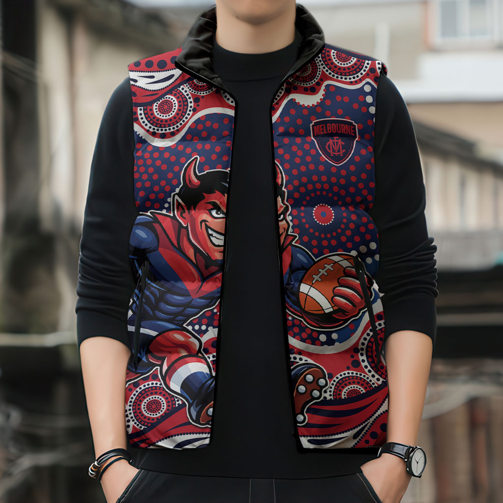 Melbourne Demons Sleeveless Puffer Jacket Aboriginal Dot Pattern - Football Mascot Heritage Pride